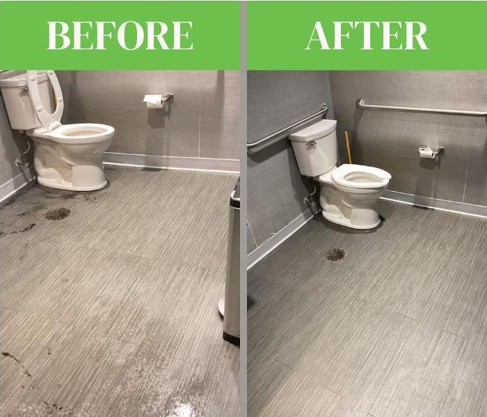 Before and after photo of sewage spill in a bathroom and the cleanup afterwards