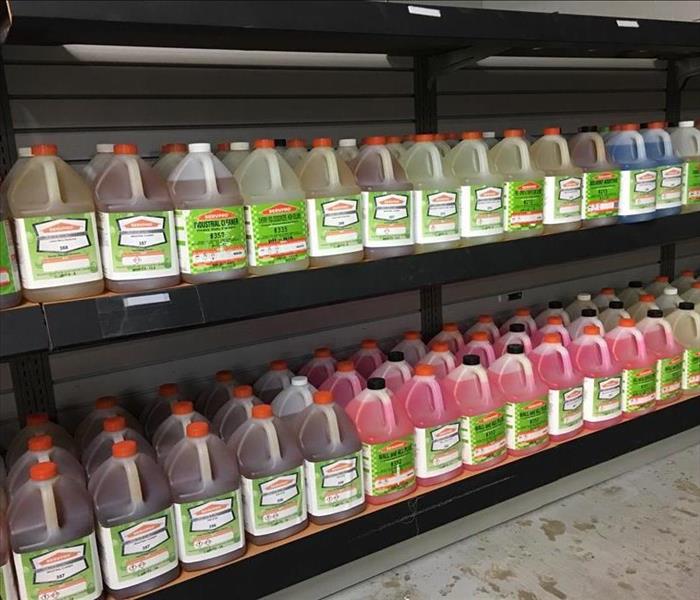 SERVPRO products lined up on a shelf
